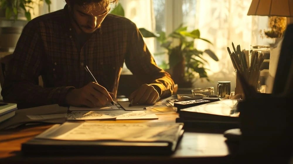 A focused screenwriter working at a cluttered desk with warm cinematic lighting, demonstrating the deep work required to write a film treatment.