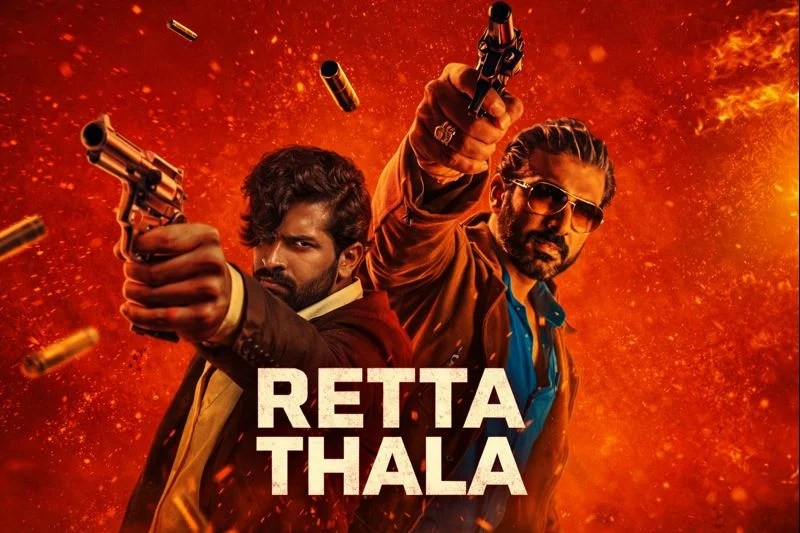 Retta Thala OTT release poster showing a dual-role action sequence with intense gunfight visuals and explosive background