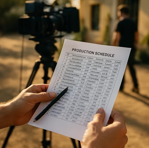 A high-quality photo of a filmmaker's hands holding a printed spreadsheet and a pen on a sunlit film set.