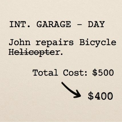 A simple visual showing a script line being edited (changing 'Helicopter' to 'Bicycle') and an arrow pointing to a total cost decreasing.
