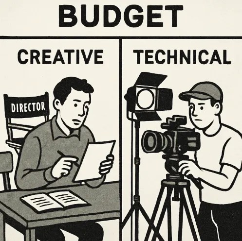 A split-screen visual showing a director/writer on one side (creative) and a camera/lighting crew on the other (technical), symbolizing the budget split.