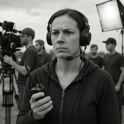 A person with a headset and a walkie-talkie standing in front of a large film crew, looking focused and authoritative.