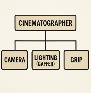 A simplified organizational chart showing the Cinematographer at the top, leading the Camera, Lighting (Gaffer), and Grip departments.