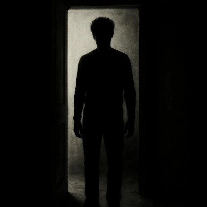 A person standing in a doorway with heavy 'Chiaroscuro' lighting (high contrast shadows) to show mood.