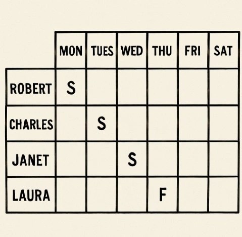 A simplified grid showing actor names on the left and days of the week on top, with 'S' for Start and 'F' for Finish in the cells.