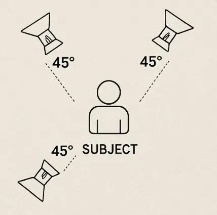 A bird's eye view diagram showing a subject in the center with three lights at 45-degree angles.