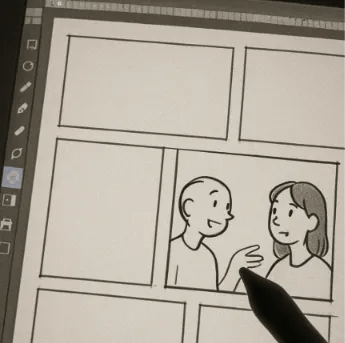 A close-up of a digital workspace where a simple sketch of two people talking is being added to a sequence of panels.