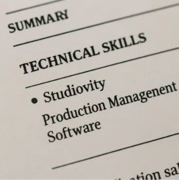 A close-up of a resume focusing on a 'Technical Skills' section that lists 'Studiovity' and 'Production Management Software.'