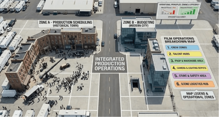 An aerial map diagram of a studio backlot illustrating "Integrated Production Operations" with six color-coded zones: 1. Crew Zones, 2. Talent Hubs, 3. Prop & Wardrobe Area, 4. Camera & Lighting Depots, 5. Stunt & Safety Area, and 6. Scene Logistics Hub.