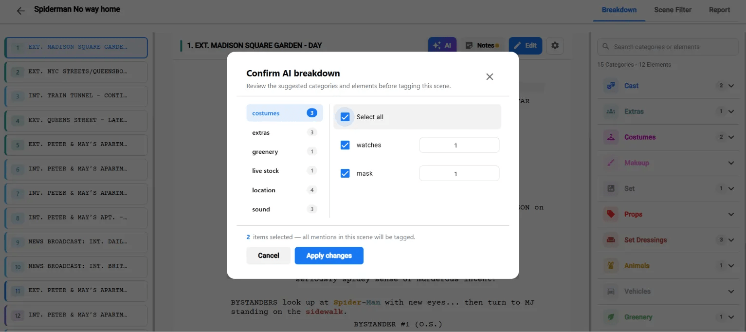 AI screenplay breakdown tool popup window confirming tagged elements like costumes, watches, and masks for automated scene analysis.