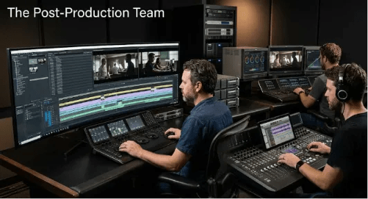 A clean, professional image of a film post-production studio, with an editor working at a desk with a large, ultra-wide monitor displaying editing software and footage.