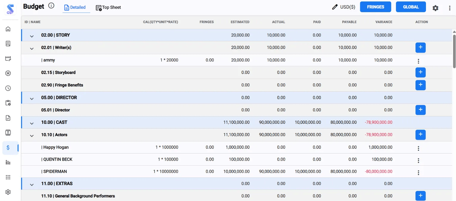 Studiovity budgeting software interface showing detailed film production costs, estimates, actual expenses, and variance tracking.