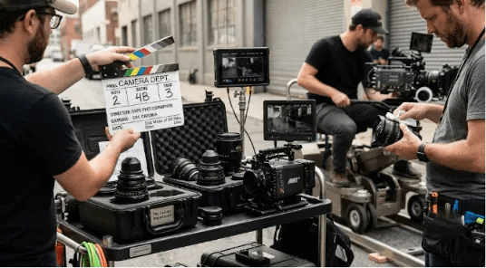 A close-up shot focusing on the specialized equipment of the camera department, including a professional camera, diverse lenses, a monitor, and a clapperboard.