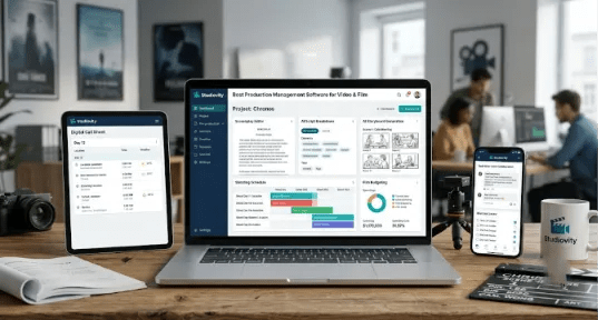Studiovity production management software interface open on a laptop, tablet, and smartphone on a wooden desk with a film clapperboard and camera in the background.