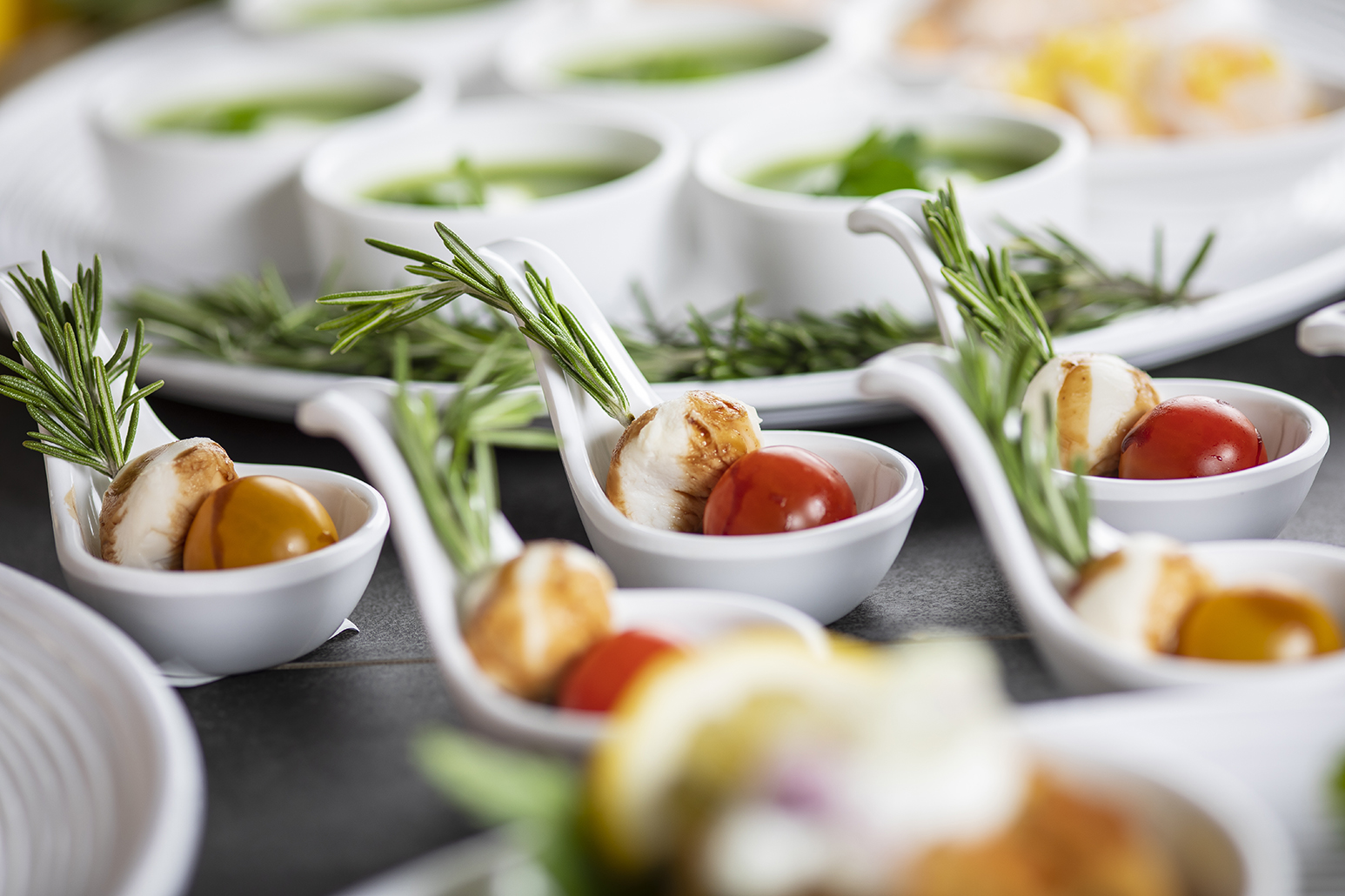 caprese salad tasting spoons with rosemary
