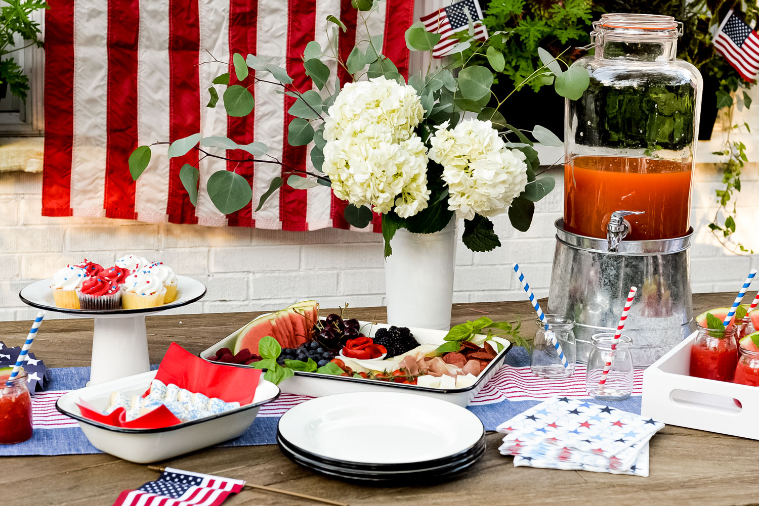 fourth of july party table with enamelware