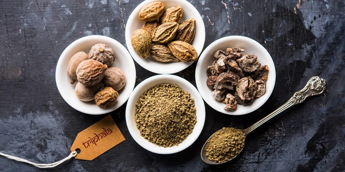Triphala powder in bowl- amalaki, haritaki, bhibitaki