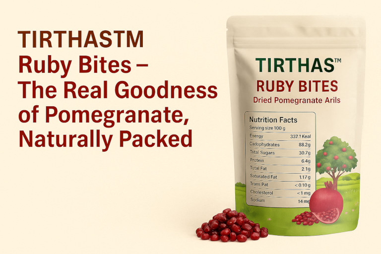 Lab-tested TIRTHAS Ruby Bites showing nutrition table and key benefits