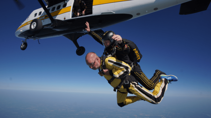 In 2018 during his time as interim provost, Dr. Robert Dooley—attached to a member of the U.S. Army’s Golden Knights parachute team—jumped out of an airplane at about 14,000 feet.