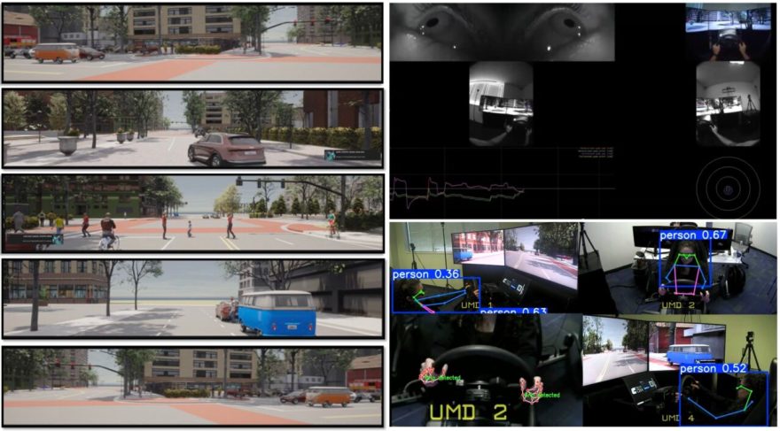 Sample driver scenarios and processed data sets from the CUIP driving simulator. The left panel shows a sample of simulation scenarios from CARLA while the right panel illustrates raw camera footage with eye gaze vectors, facial expression markers, seating posture and steering wheel grip. 