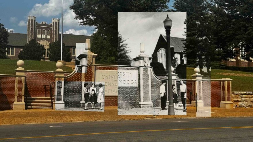 A composite image of the University of Tennessee at Chattanooga Alumni Memorial Gateway. The present-day red brick entrance wall and pillars are overlaid with black-and-white photos from the 1960s showing groups of students talking in front of the same gateway.