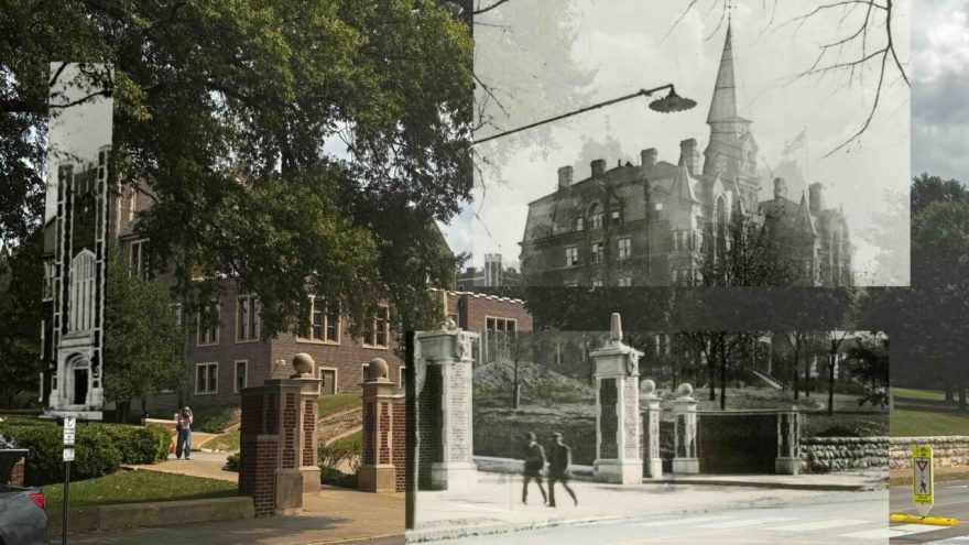 A blended image showing the University of Tennessee at Chattanooga campus over time. In the foreground is the present-day brick entry gate on McCallie Avenue, with modern trees and students walking by. Superimposed are black-and-white historic photos, including the tall spired Old Main building and early 20th-century versions of the gate pillars.