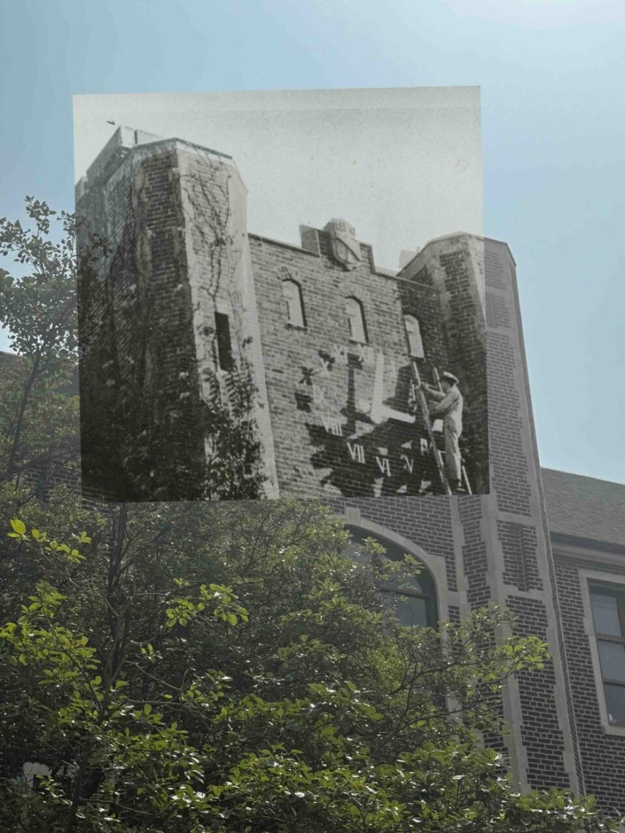 A composite image showing Founders Hall at University of Tennessee at Chattanooga across time. The present-day brick facade with arched windows and leafy trees is overlaid with a black-and-white photo from the 1940s of a worker on a ladder adjusting the building’s clock tower.