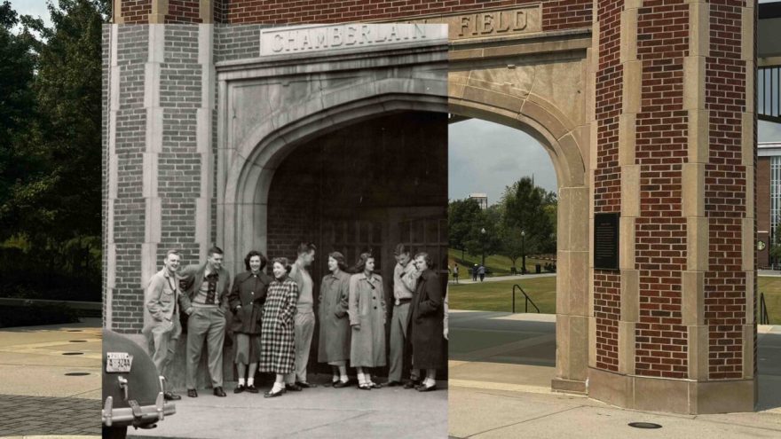 A composite image of the Chamberlain Field arch at University of Tennessee at Chattanooga. The present-day brick archway stands in color while an overlaid black-and-white photo shows a group of students from the mid-20th century standing beneath the same arch, wearing coats and smiling.