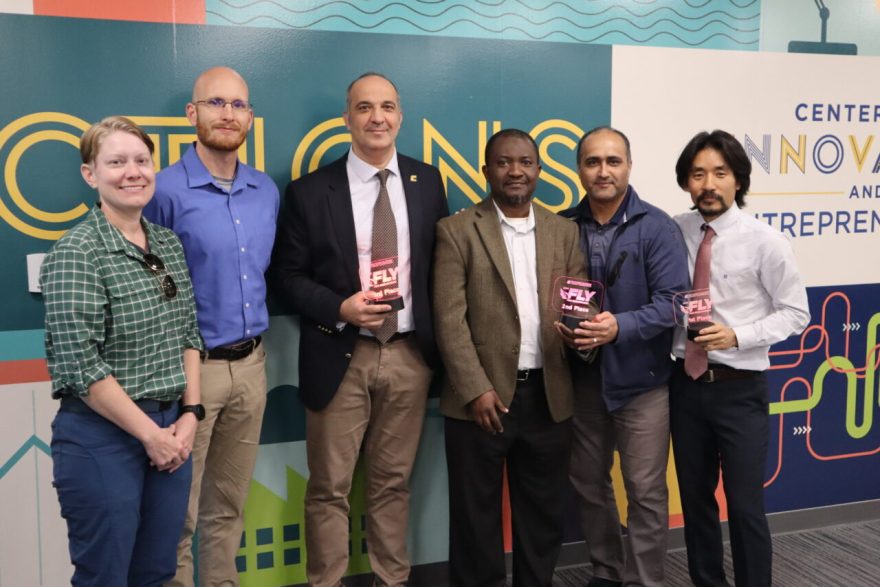 Fly for Researchers Faculty Pitch Competition award winners (from left): Lynette Carlson, Max Jordan, Erkan Kaplanoglu, Abdul Ofoli, Vahid Disfani and Sungwoo Yang. Photo by Katrina Craven.