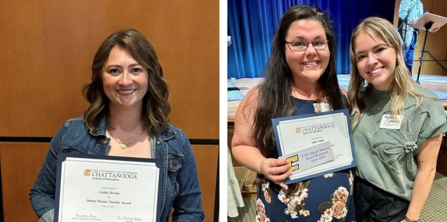 Sale Creek High School English teacher Caitlin Brooks (left photo), and Red Bank Elementary teacher Amber Miller and her former student teacher, Mackenzie Longmire, were among the Model Mentor Award recipients at the 2025 Mentor Teacher Awards Banquet. Photos courtesy of Chris Brown.