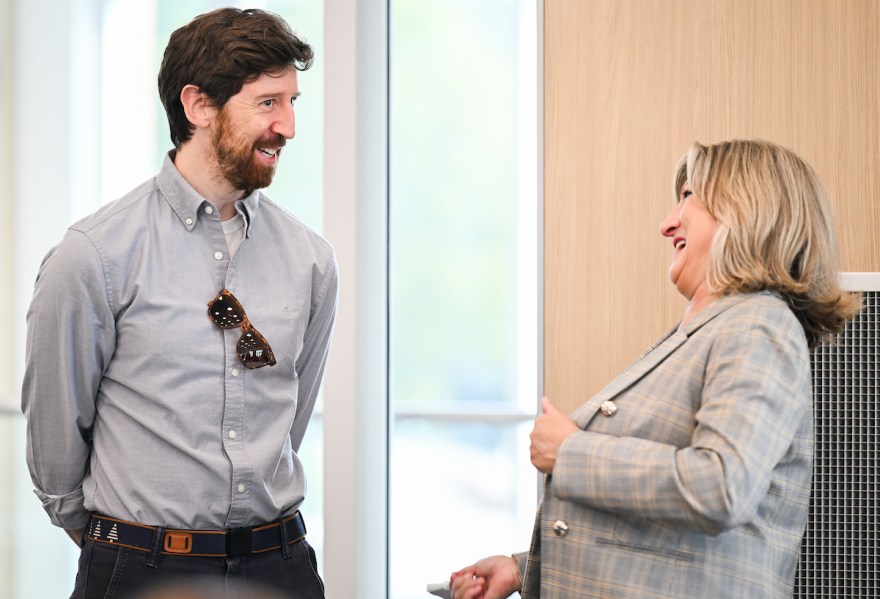 Chancellor Lori Bruce (in gray sport coat) talks to attendees Wednesday, Sept. 17, 2025 at Coffee with the Chancellor in Wolford Athletic Center.