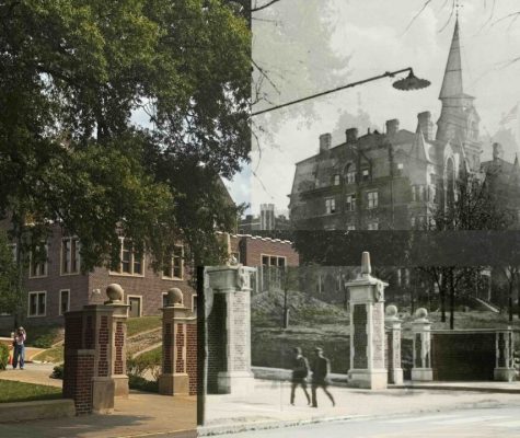 A blended image of a historic and modern campus scene. Old stone buildings with a spire overlay modern brick structures and leafy trees.