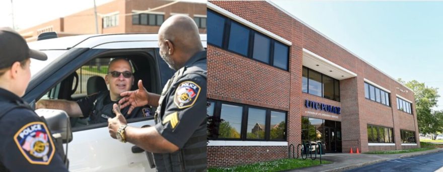 On the left, three UTC Police officers talk near a patrol SUV — one seated inside the vehicle smiling, while two stand outside, one gesturing with his hands. On the right, the exterior of the UTC Police Department building is shown, a two-story brick structure with large windows and a sign reading “UTC Police” above the entrance.