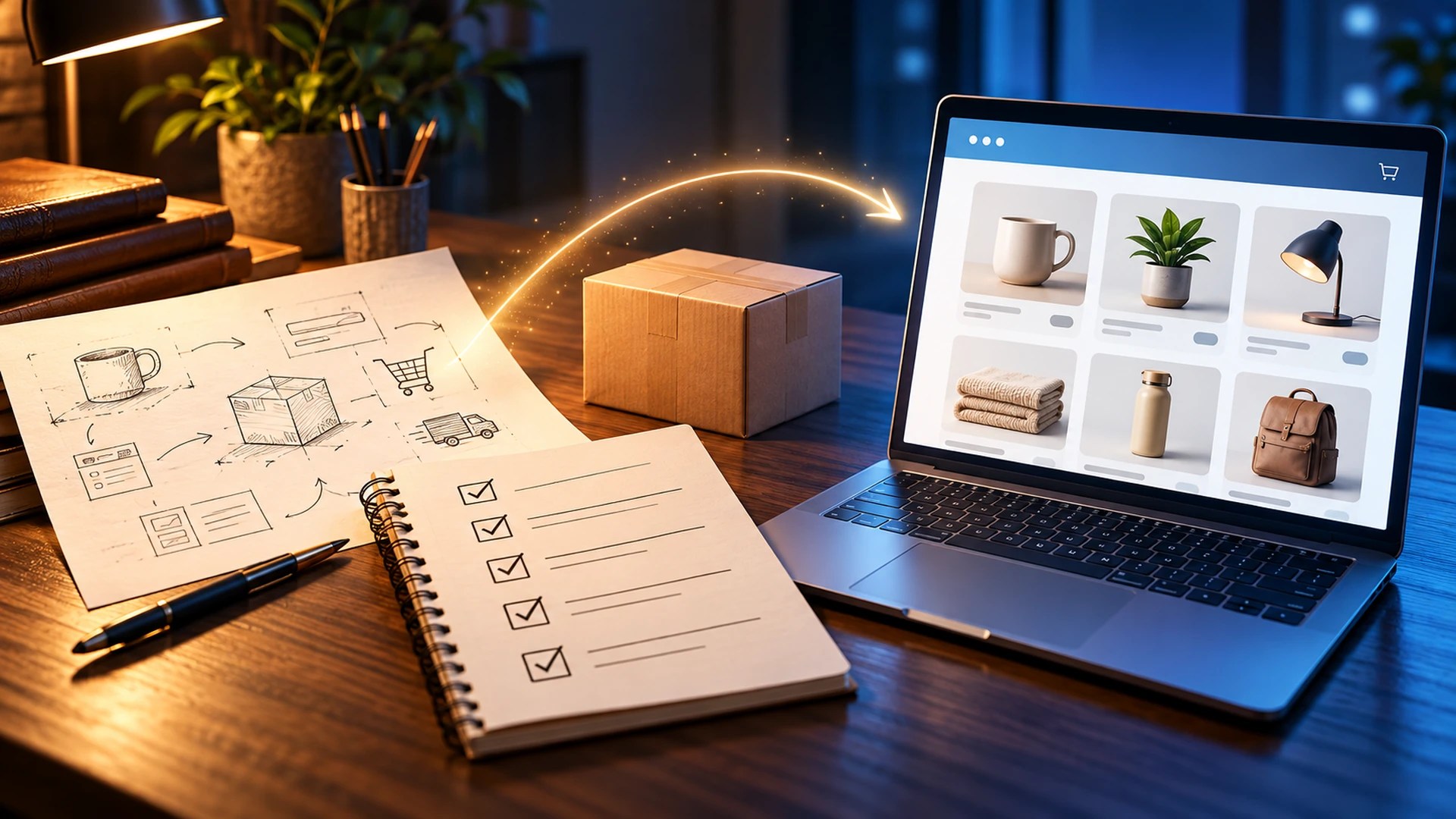 Projeto e checklist se transformando em uma loja virtual exibida em laptop