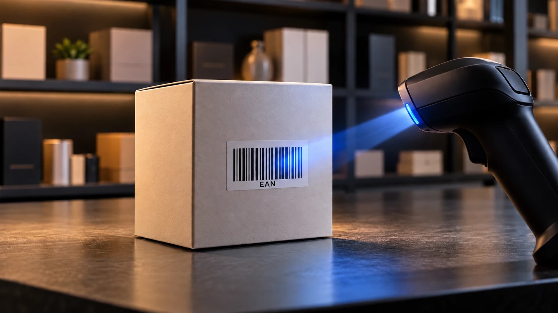 Leitor de código de barras escaneando uma embalagem sem marca identificada com a sigla EAN