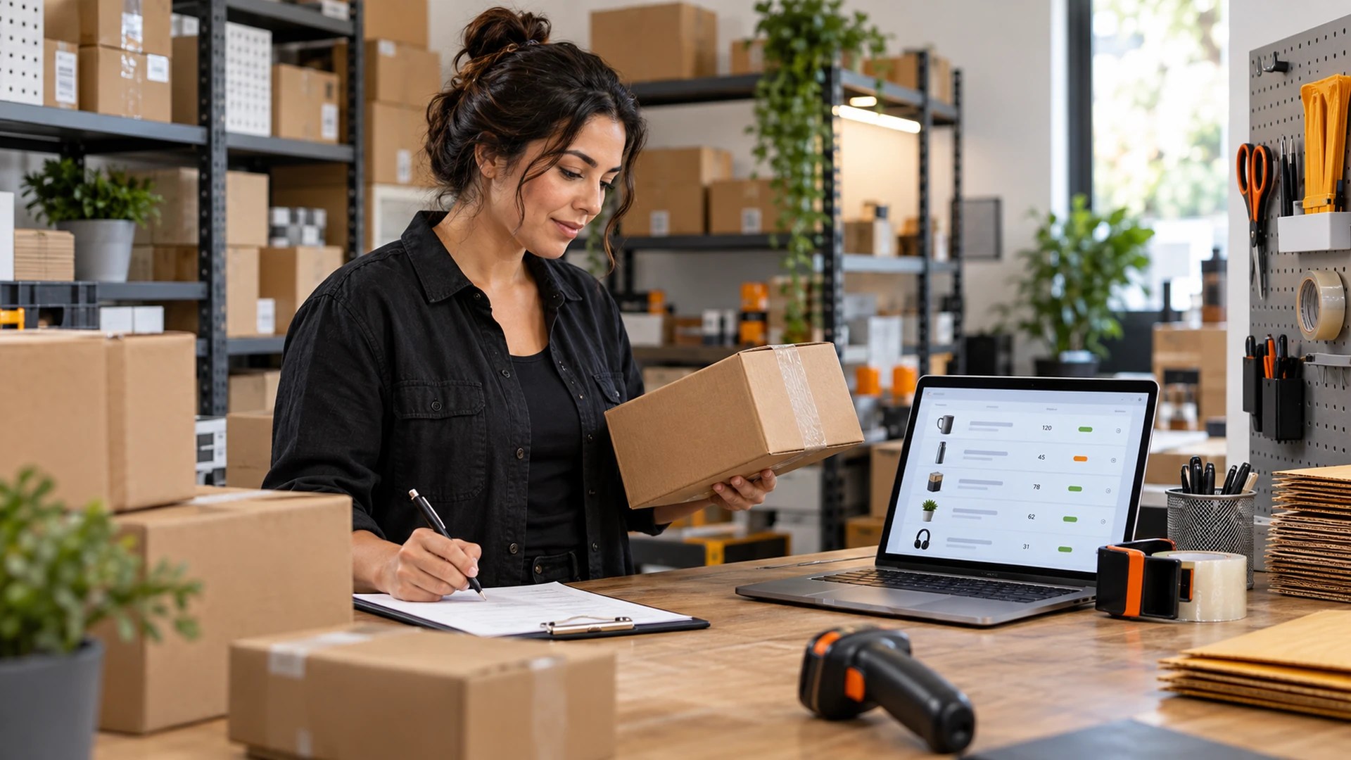 Lojista conferindo caixas e disponibilidade de produtos em um computador na área de expedição da loja virtual.