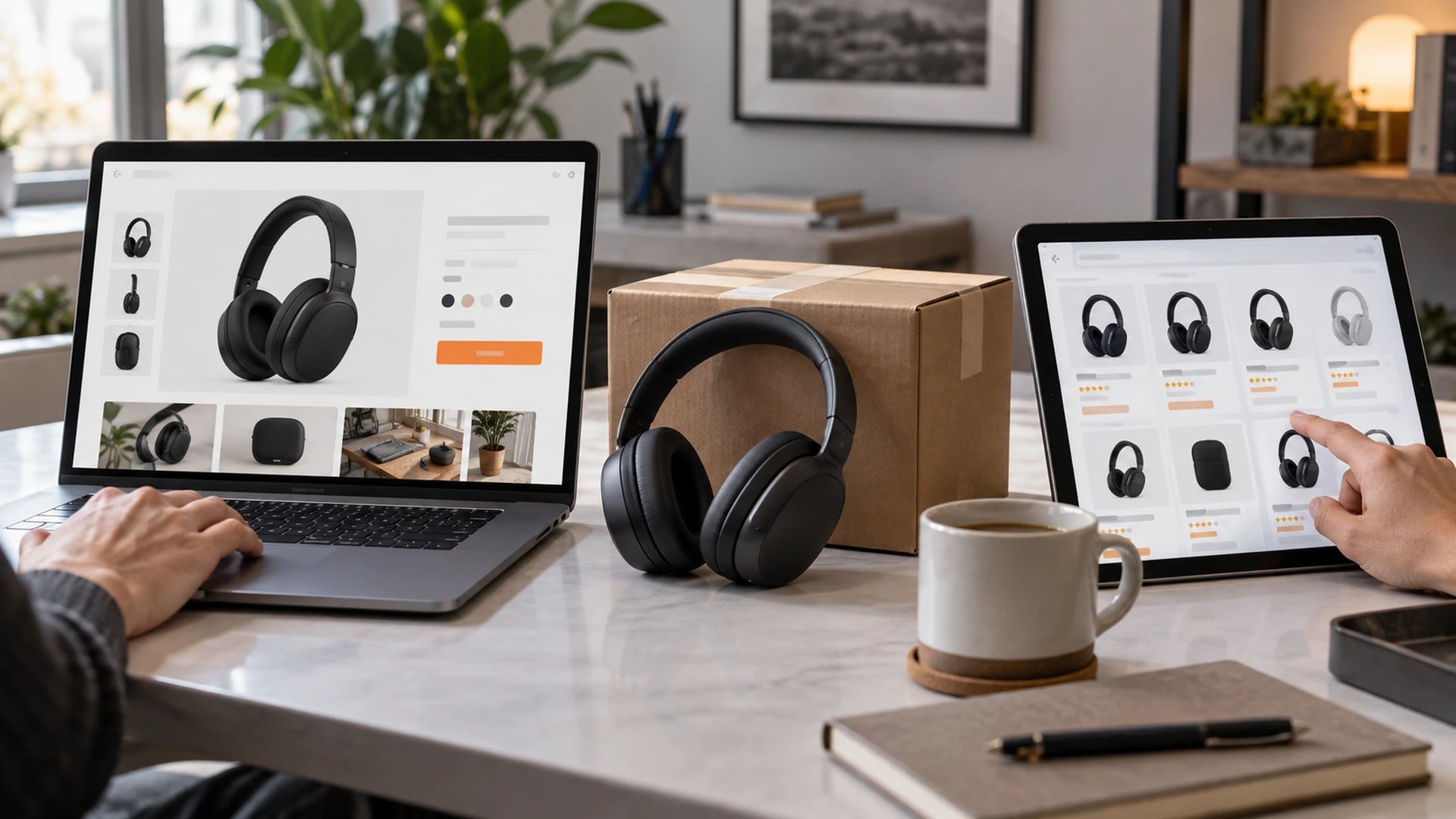 Loja própria em um computador e ofertas de marketplace em um tablet, com o mesmo fone de ouvido e uma caixa de envio.