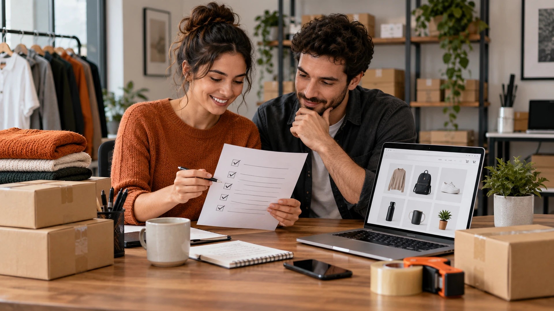 Equipe revisando um checklist de preparação comercial com loja virtual, produtos e embalagens sobre a mesa.