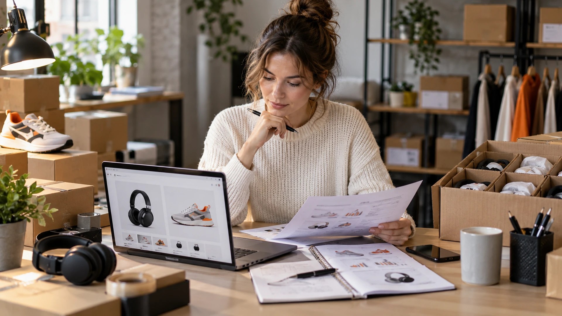 Lojista planejando ofertas de continuidade com produtos disponíveis, loja virtual e caixas de expedição para a Cyber Monday.
