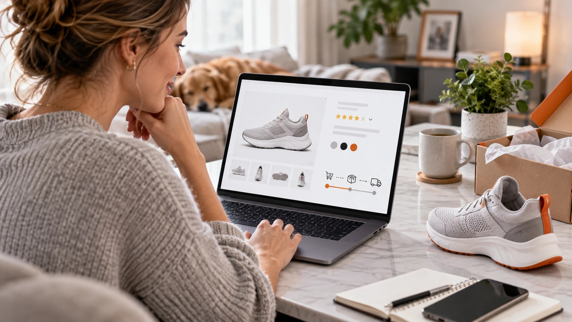 Consumidor comparando um tênis real com sua página na loja virtual, com avaliações e informações de entrega.