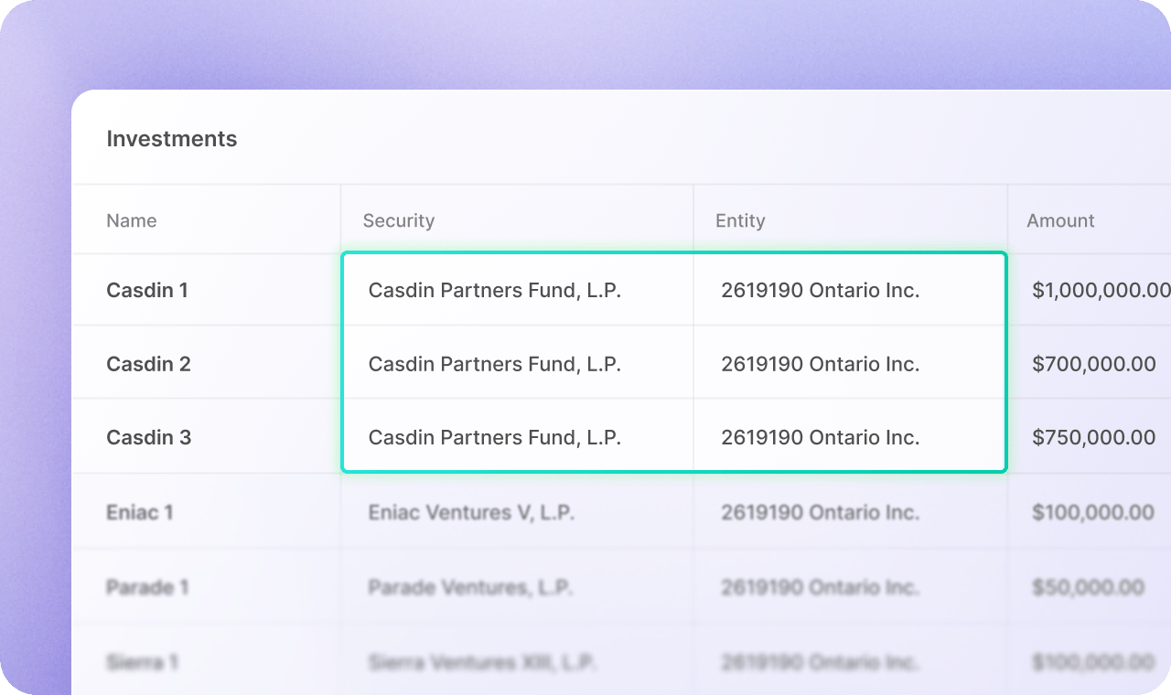 Spreadsheet displaying investment details. Highlighted entries show "Casdin Partners Fund, L.P." with investments ranging from $700,000 to $1,000,000.