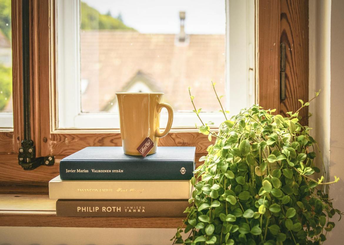 Une scène chaleureuse avec une tasse et des livres près d'une fenêtre ensoleillée, idéale pour se détendre et lire.