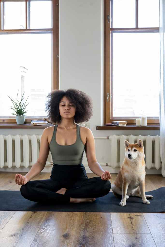 animal lover girl does yoga on her mat next to her pet