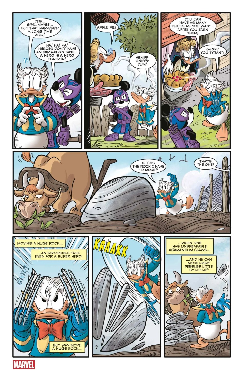 Pato superhero levanta roca grande mientras habla con amigo.