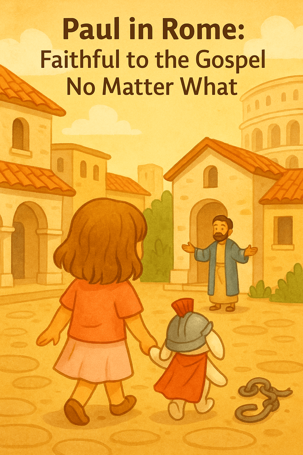 young girl and bunny in Roman helmet walking toward Paul teaching in ancient city street