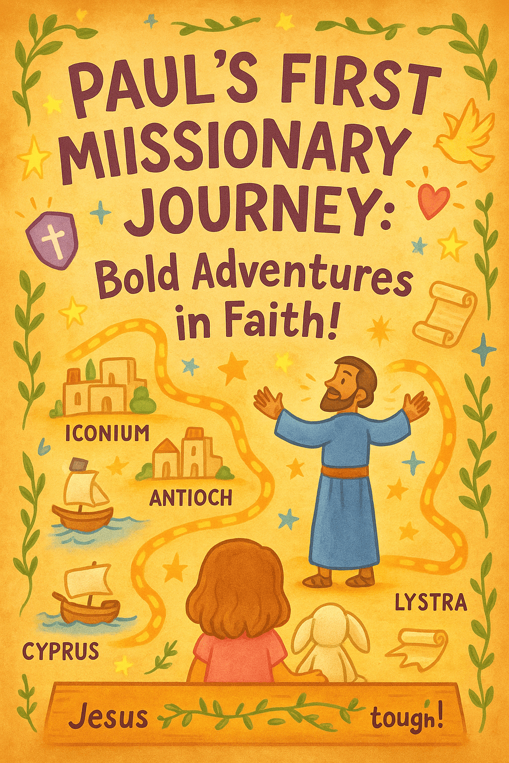 whimsical map-style children’s poster showing Paul’s missionary journey with cities, ships, stars, and faith-themed decorations