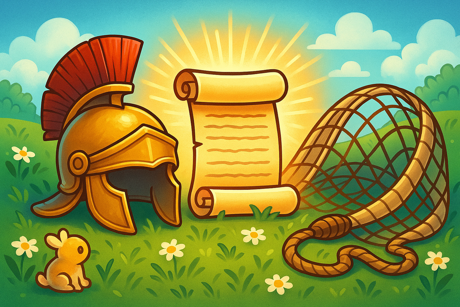Whimsical illustration of a Roman helmet, a glowing scroll, and a fisherman’s net resting together on grass with flowers under a bright sky