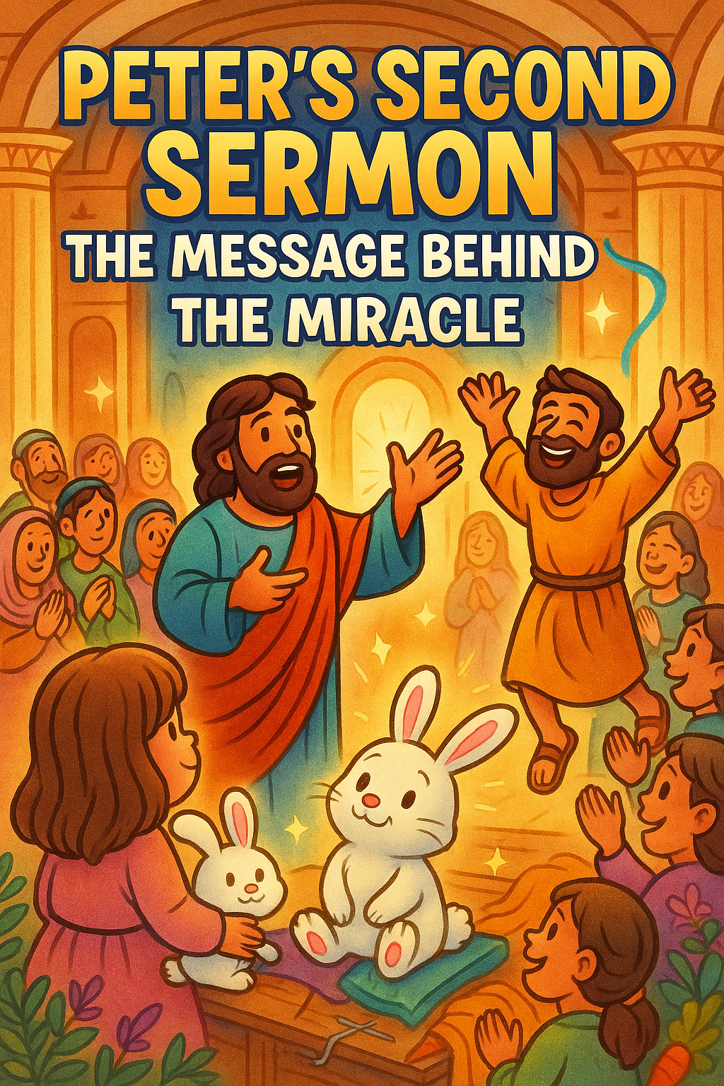 Illustration of Peter delivering his second sermon in the temple, speaking passionately to a crowd with the healed man beside him, arms raised in praise, surrounded by warm colors and faith-filled joy, designed for a children’s Bible blog.