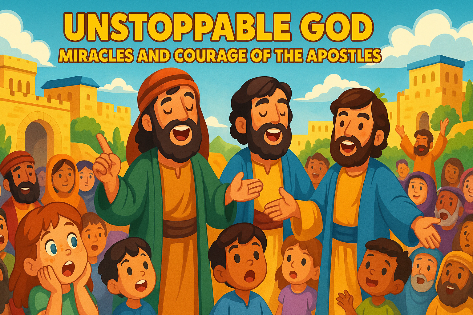 Apostles preaching and performing miracles before a joyful crowd in Jerusalem