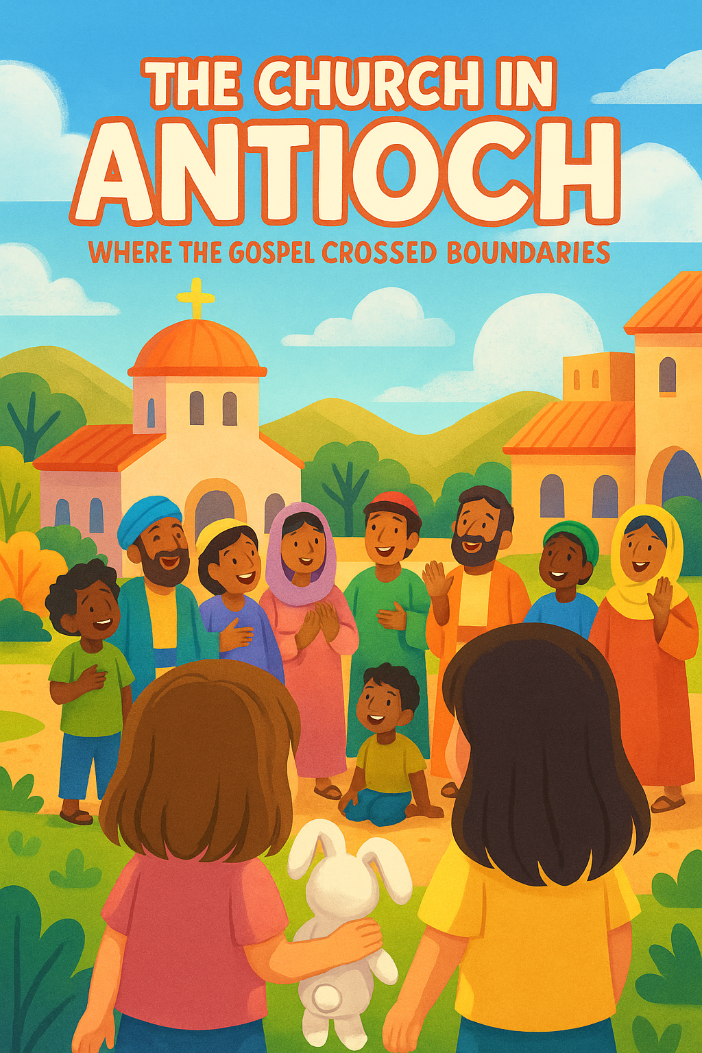 Children and a white bunny observe a diverse group joyfully gathering outside the Church in Antioch under a bright sky